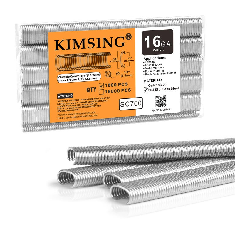 China-top Silver دبابيس كيمسينغ SC760 من الفولاذ المقاوم للصدأ عيار 16 بحجم 5/8''، حلقات C، حلقات خنزير، دبابيس سياج سلكي، مثبتات لمثبت حلقات C، أداة حلقات خنزير، كماشة حلقات C، 1000 قطعة/عبوة - Image 1